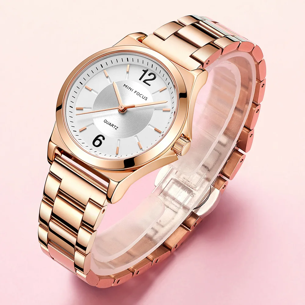 MINI FOCUS 0308 Women Quartz Watch Round Fashion Elegant Simple Rose Gold Luxury Stainless Steel Strap Ladies Wrist Watch Gift