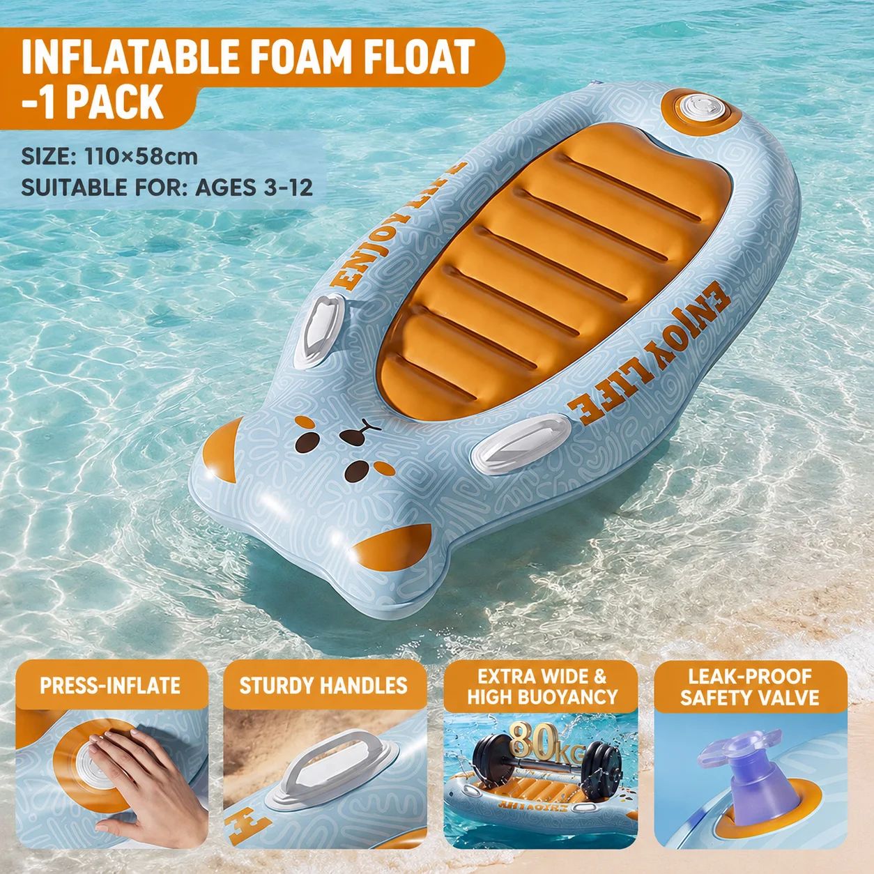 Penguin Inflatable Surfboard Float with Dual Handles, Press-to-Inflate Water Board for Pool Beach Summer Fun view 6