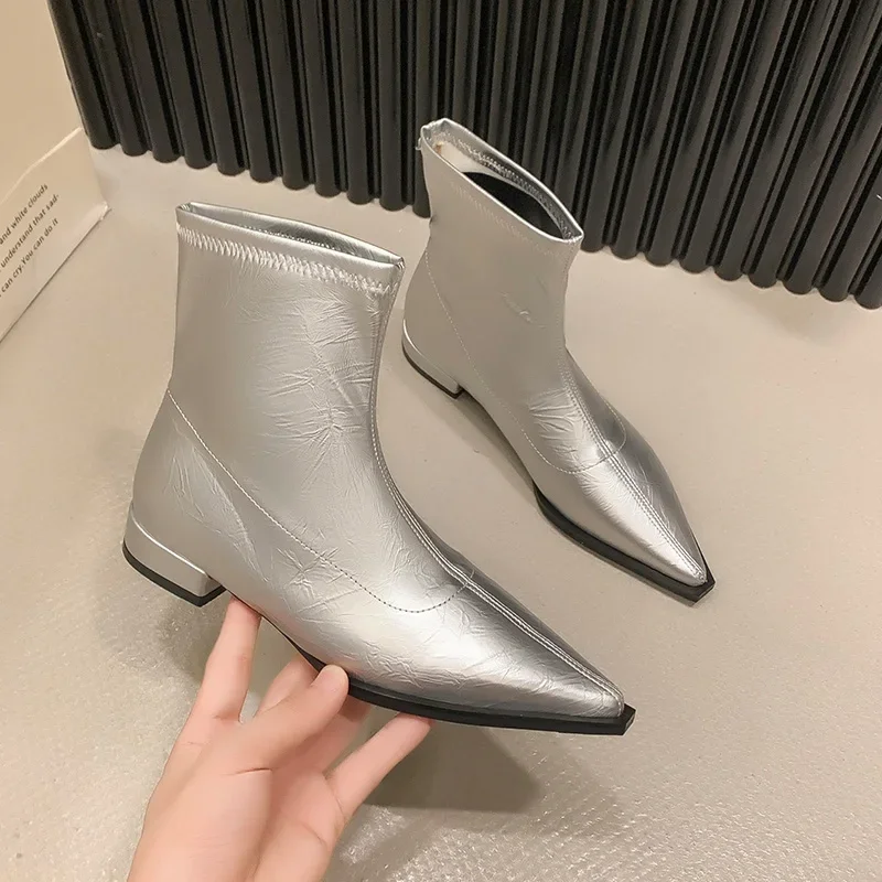 Pointed Toe Flats Ankle Chelsea Boots Women Shoes 2024 Autumn New Fashion Office Cusual PU Leather Women Shoes Zapatillas Mujer