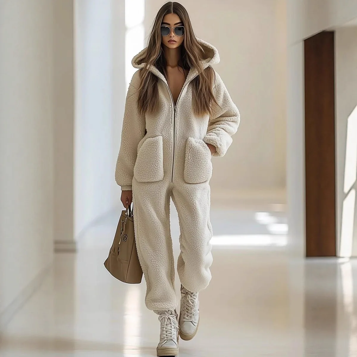 Autumn. Winter New Women's Clothing Hooded. V-neck Pocket Decoration Loose Straight Plush Jumpsuit Long Pants. Boho Robe