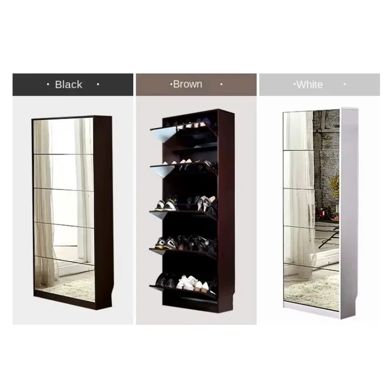 Shoe Cabinet Flip-down Mirrored Shoes Storage Rack Wood Cabinet with Mirror
