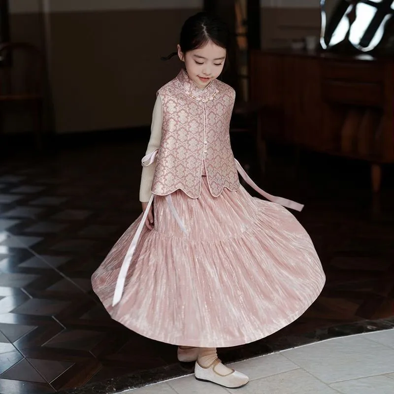 2026 Girls' New Year's Clothing Set Children's New Chinese Clothes Princess Skirt Kids' Hanfu Vest+Shirt+Skirt 3-Piece Set LJ284