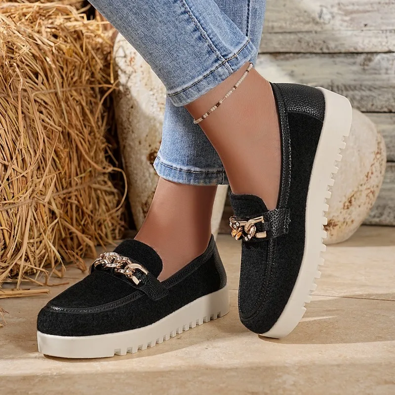 2025 New Spring Autumn Women Loafers Round Toe Shoes Sheep Suede Shoes for Women Retro Metal Buckle Platform Women Shoes - view 4