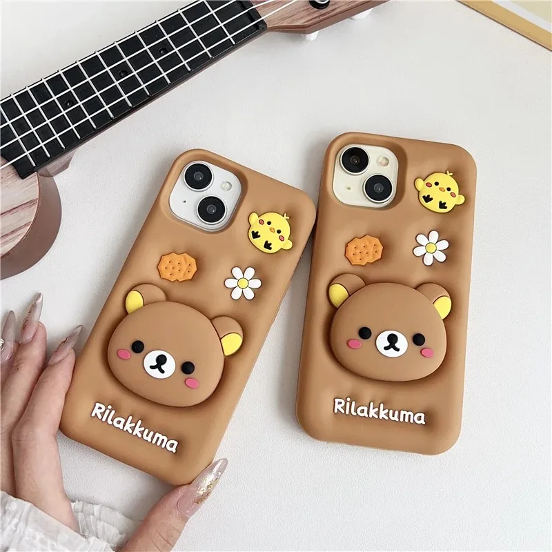 Cute 3D Cartoon Rilakkuma Soft Silicone Phone Case For iPhone 15 14 Plus 13 12 11 Pro Max Cute Bear Head Holder