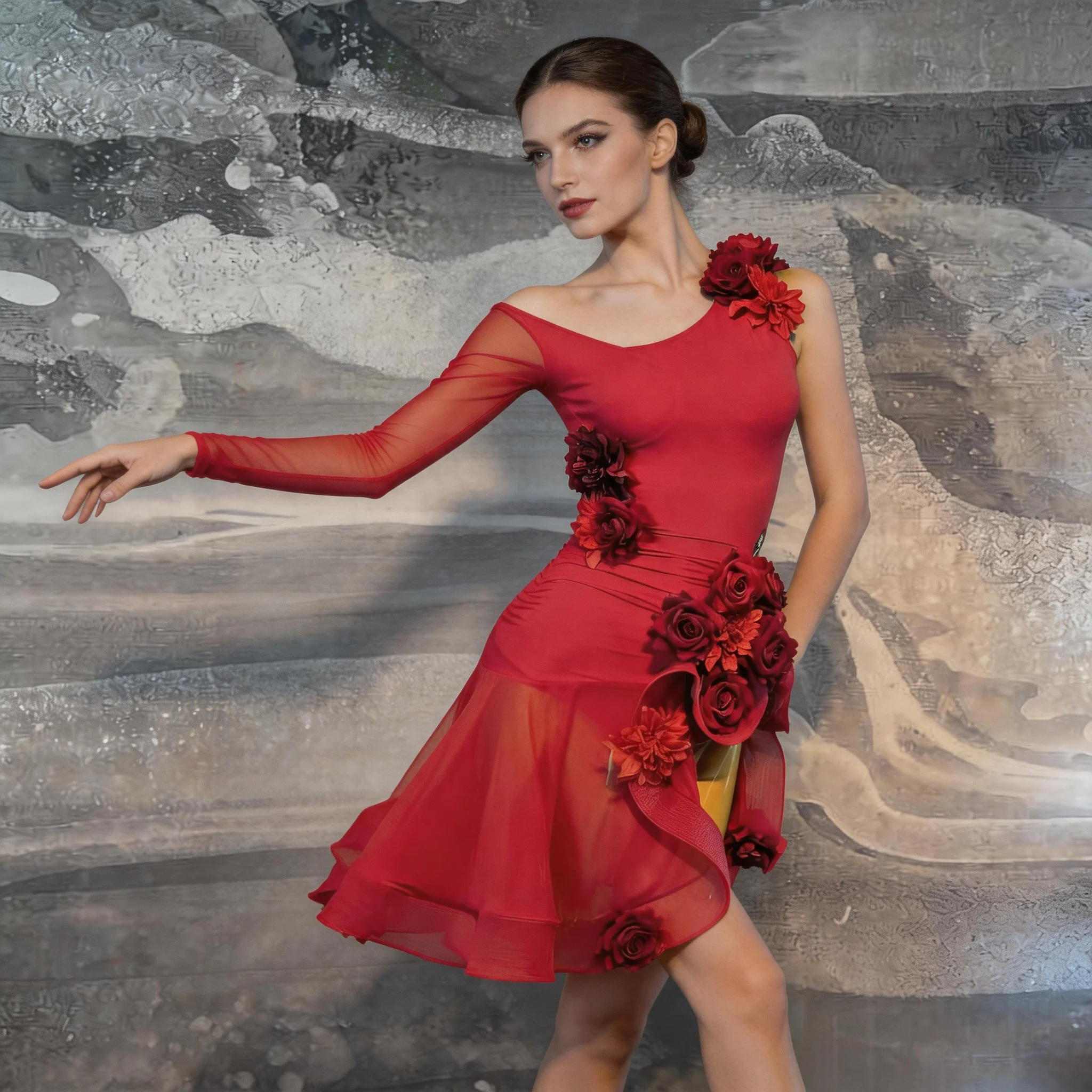 

Competition Women's High End Customized Rose Series Heavy Duty Big Skirt Samba Performance Water Diamond Dress