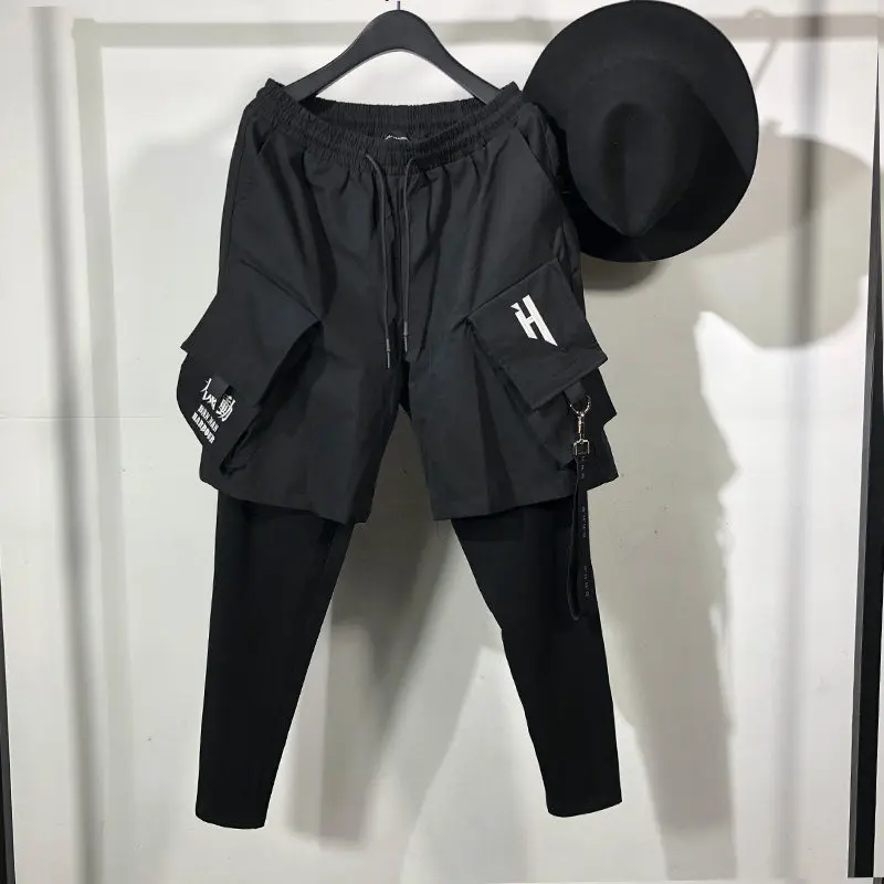 Avant-Garde Trendy Men's Dark Multi-Pocket Fake Two-Piece Cargo Jogger Pants Street Style Casual Hip Hop Sports