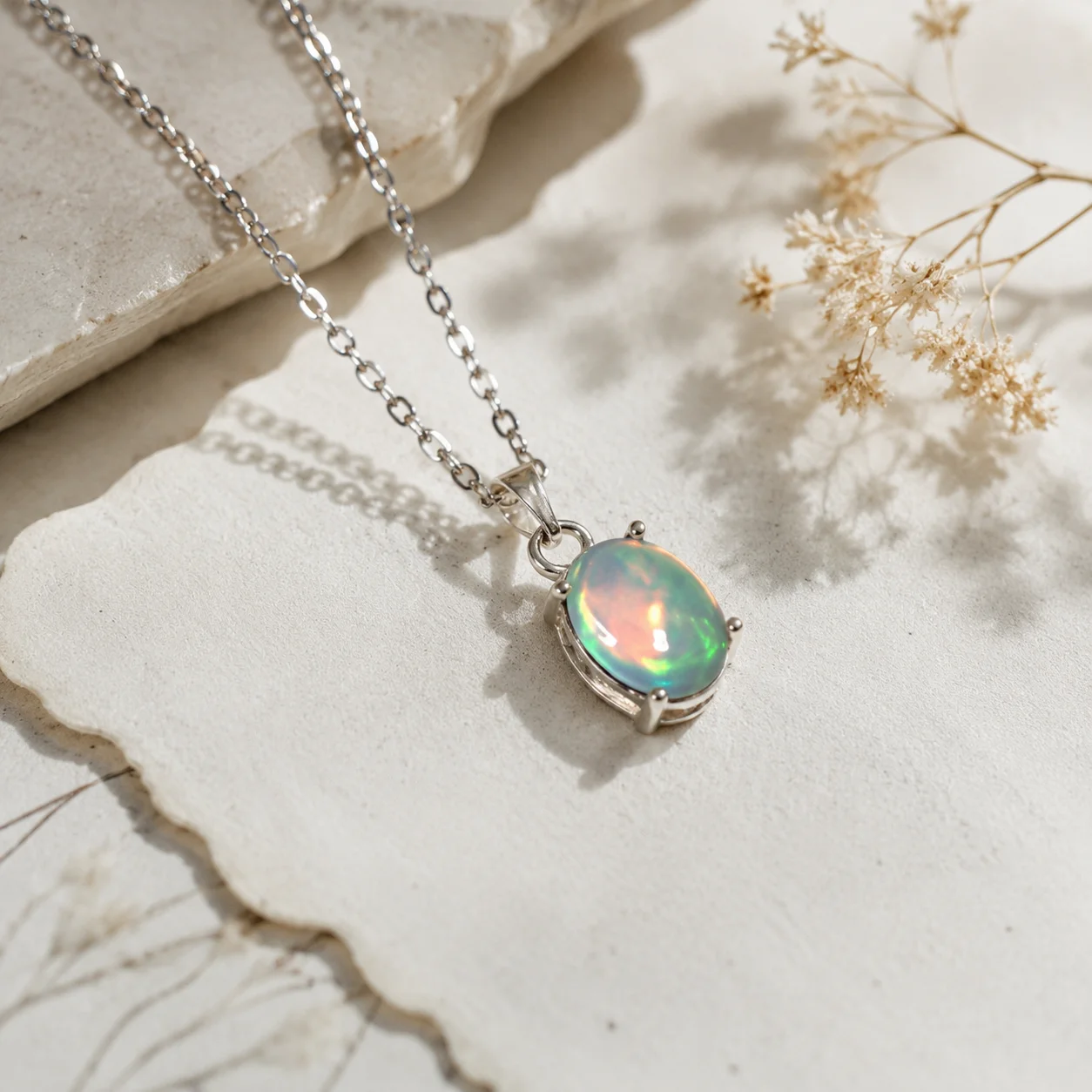ITSMOS Iridescent Opal Pendant Necklace 925 Sterling Silver Vibrant Healing Crystal Dainty Jewelry Perfect Gift for Women