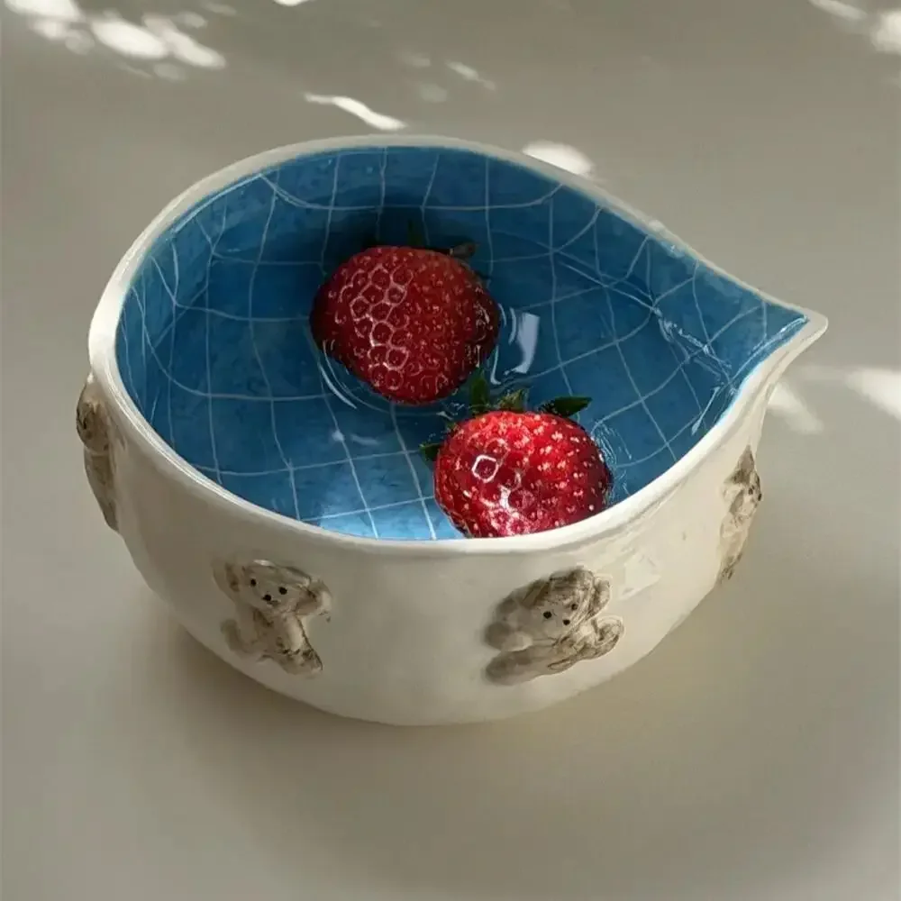 Cute Bear Hand Drawn Blue Plaid Tea Ceramic Bowl Cute Cartoon Relief Teddy Bear Fair Matcha Bowl for Swimming Pool Dessert Bowl