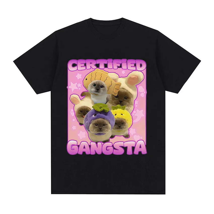 

Сертифицированные футболки с забавными котиками-мемами в стиле гангста для мужчин и женщин, милые хлопковые футболки с коротким рукавом, повседневные оверсайз топы с круглым вырезом