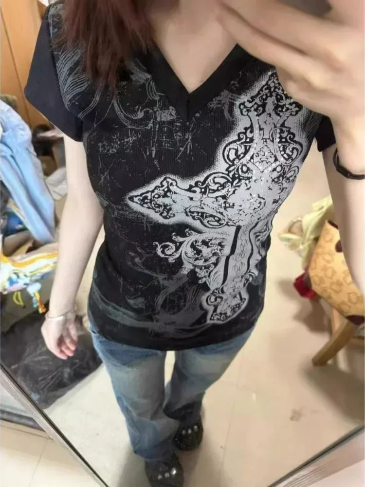 

Винтажные футболки с принтом, женская одежда, тонкая талия, короткий рукав, v-образный вырез, Camisetas, уличная летняя футболка в стиле панк, 2025 Ropa Mujer