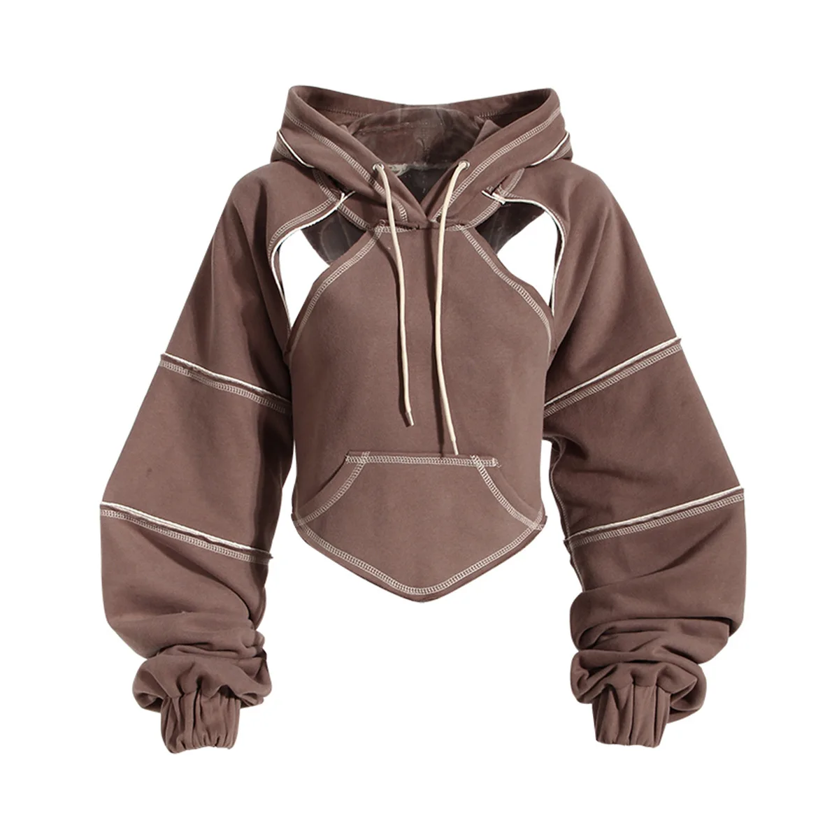 Women’s Short Hooded Sweatshirt with Bright White Trim Layered Overshirt Cape Hiphop Long-sleeved Top Back Tie Cut Out Hoodies