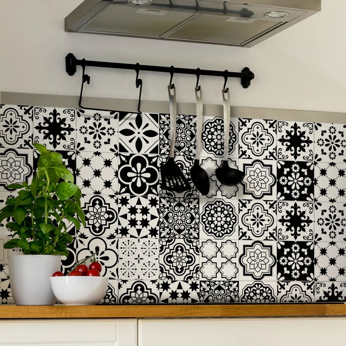 Morocco black and white printing kitchen stickers waterproof moisture thickening wallpaper kitchen and bathroom wall self-adhesi