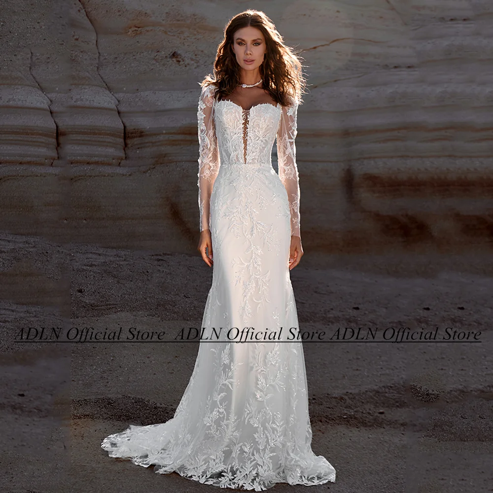 Lace Mermaid Wedding Dress Sexy Sweetheart Long Sleeves Sparkling Beading Applique Sweep Train Trumpet Bridal GownRobe Mariee