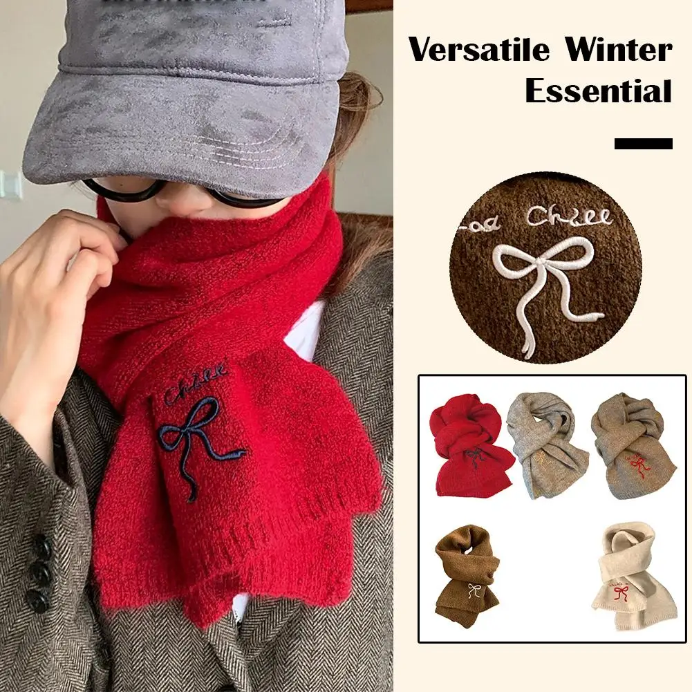 

Вязаный шарф с бантом Kawaii — толстый зимний утеплитель для шеи из искусственной шерсти для женщин, мягкий уютный и теплый модный аксессуар в японском стиле