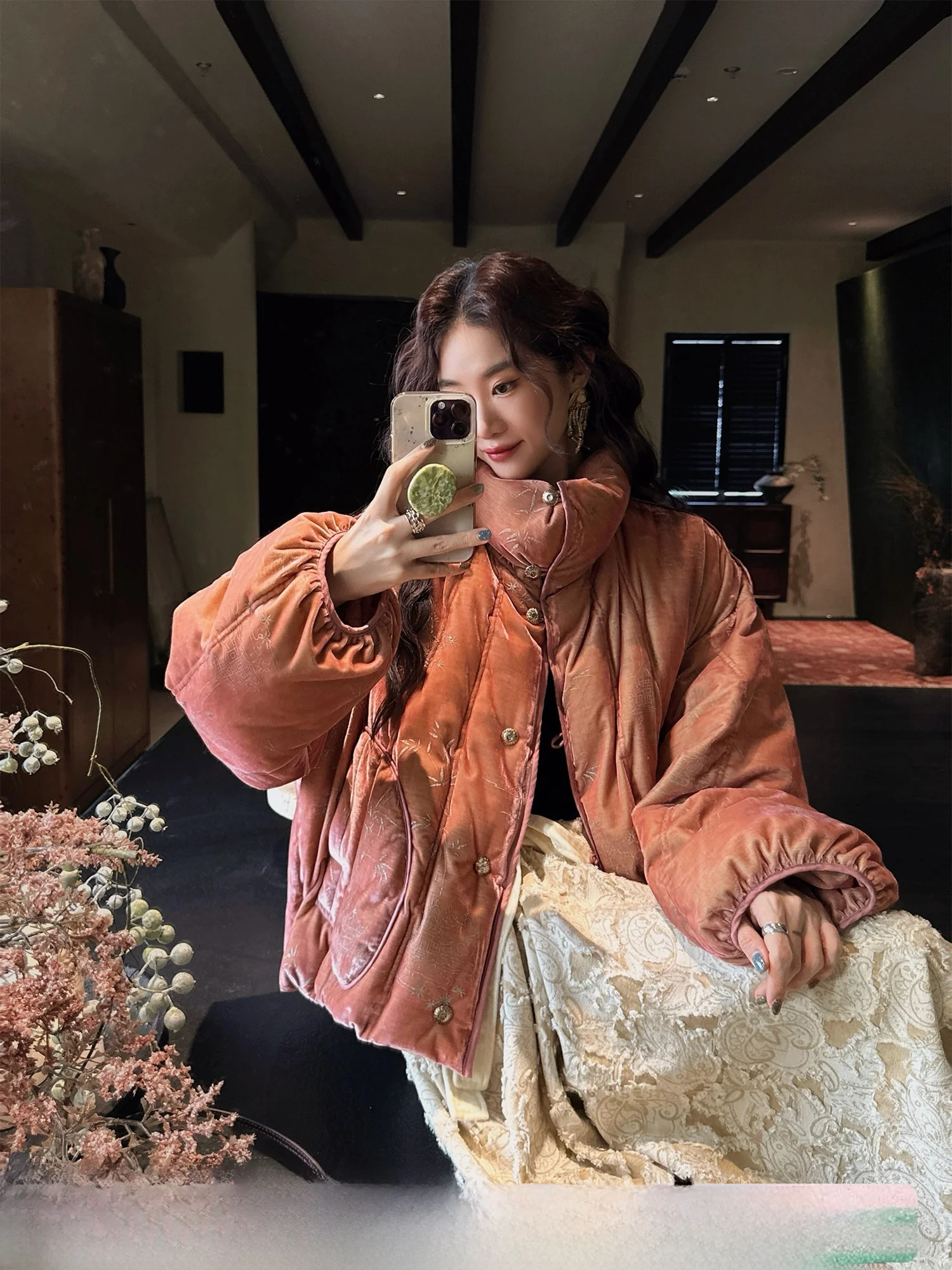 

Sanji Bla Flower Double Birth New Chinese Sle Velvet National Trend down Jaet Winter Women's Sle 2025 New National Tr...