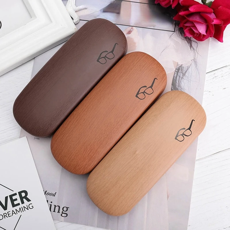 High Quality Wood Grain Hard Kit Holder Metal Reading Glasses Case for Men and Women PU Leather Eyeglass Box