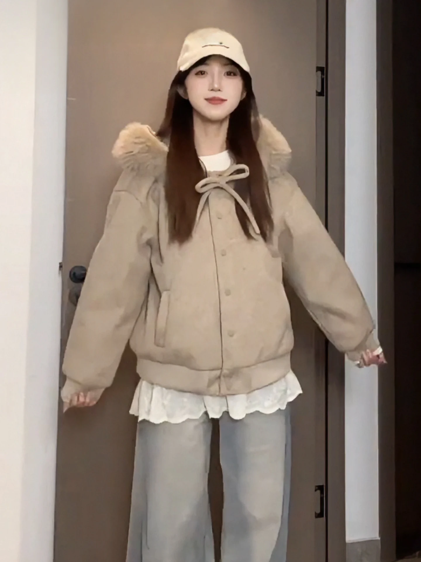 

plus Size Thickened Hooded Coat Women Spring Autumn Lazy Style Loose Single Button Cotton Inserted Fur Collar Spring Jacket