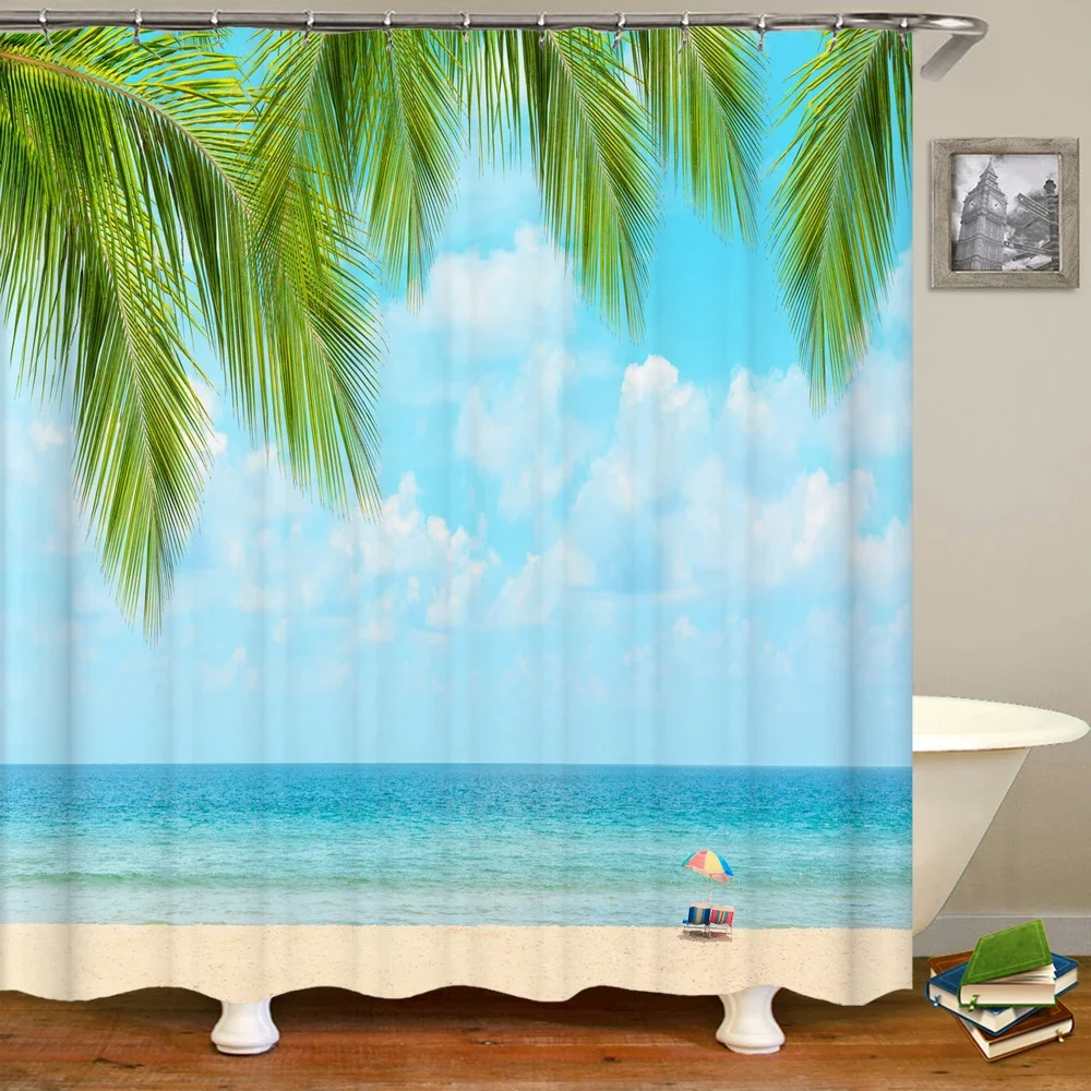 Waterproof Shower Curtain Various Sunshine Beach Scenery Seaside 3D Printing Shower Curtain Polyester Home Decor Curtain 180x180