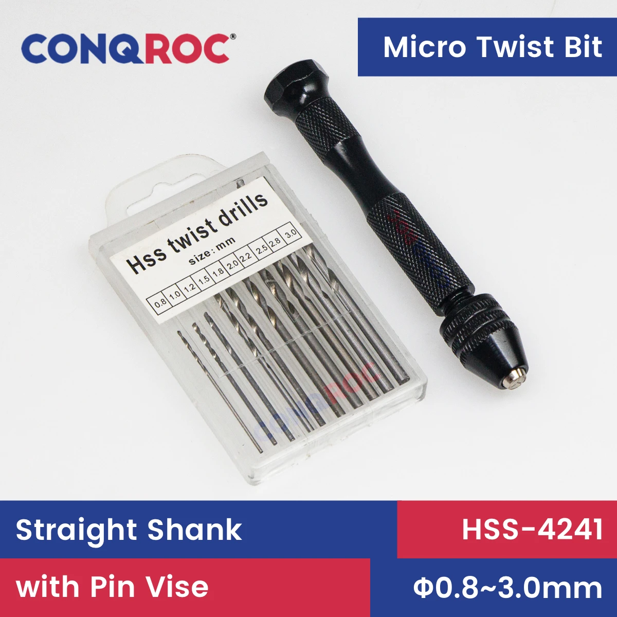 HSS-4241 Micro Mini Twist Drill Bits Set Straight Shank Jewelers Bits with Fine Pin Vise 10-Size Diameter-0.8~3.0mm