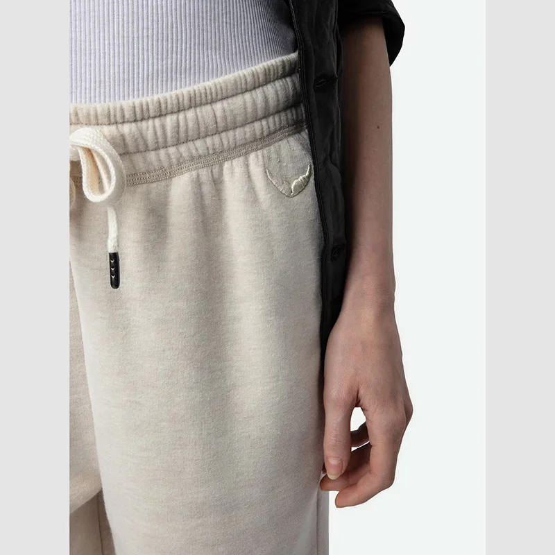 Winter New French Niche Wings Embroidered Inner Fleece Mid-waist Elastic Waist Women's Sweatpants