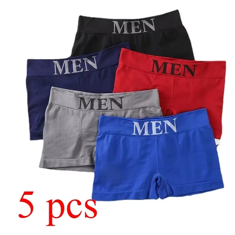 

5 Pcs Thin Style Men's High Elastic Plain Color Comfortable Boxer Briefs Panties Breathable Pantyhose