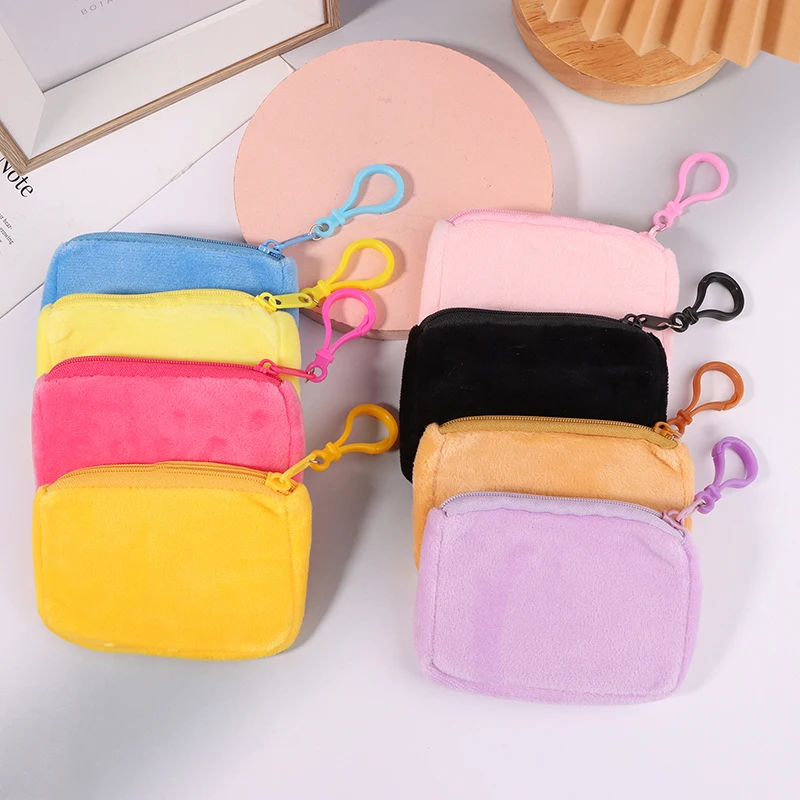 Monedero de felpa de Color caramelo para mujer, bolsa de cambio cuadrada minimalista, cartera para auriculares, llavero