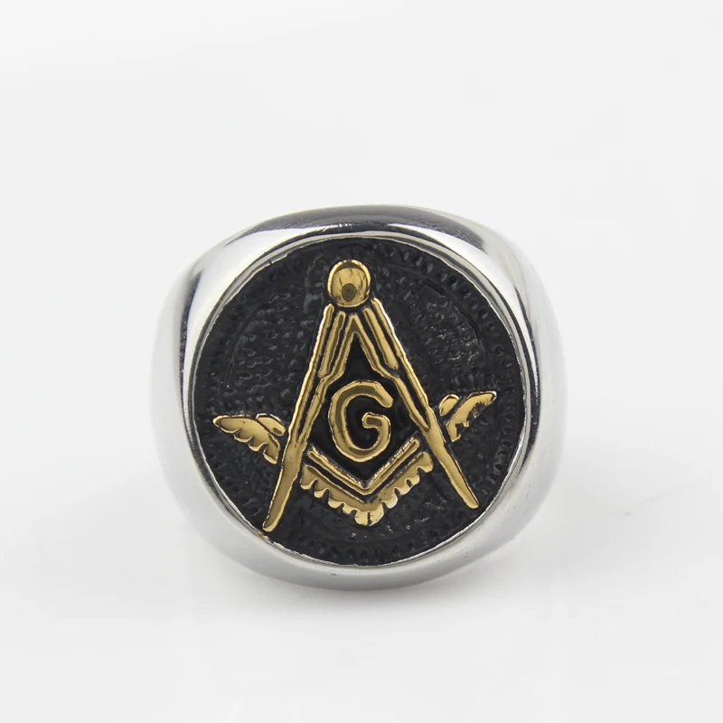 Mens Black Gold Color Embossed Stamped Freemason Masonic Stainless Steel Biker Ring