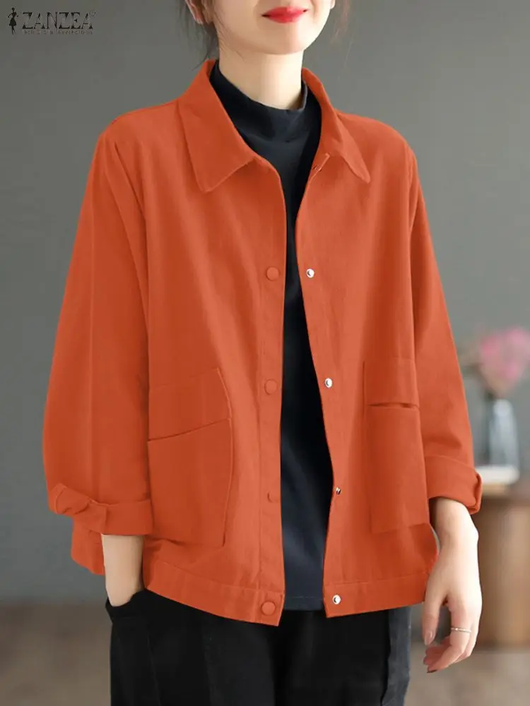 ZANZEA الخريف المرأة سترة قميص الصلبة رقيقة جاكيتات معاطف 2025 موضة التلبيب الرقبة بلوزة طويلة الأكمام أزرار عادية أسفل معاطف