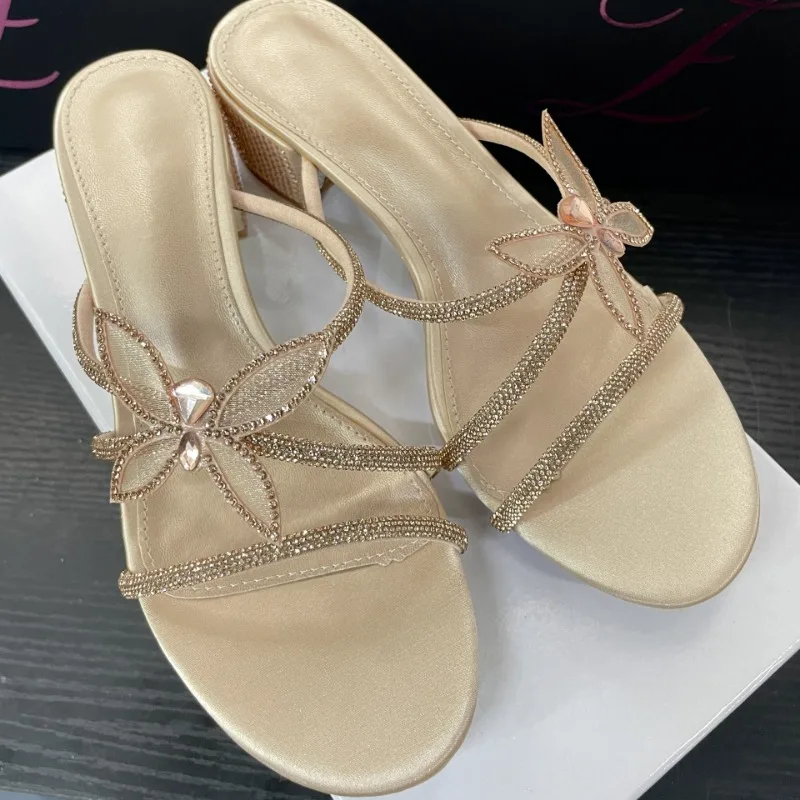 

New Summer Women's High-heeled Sandals Round-toed Rhinestone Bow High-heeled Sandals Slip-on High-heeled Shoes for Banquets