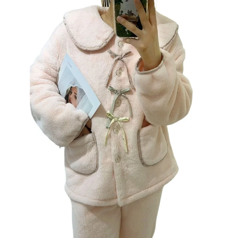 

Женские пижамы на осень и зиму, фланелевой утепленный кардиган, комплект домашней одежды из кораллового флиса, можно носить на улице, нижнее белье