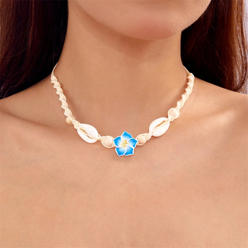 Bohemia Sea Shell Choker Necklace For Women Fashion Summer Sweet Flower Pendant Hand-woven Rope Neck Chain Jewelry Accessory image 4