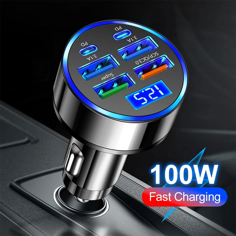 100 واط 6 منافذ شاحن سيارة شحن سريع PD QC3.0 USB C شاحن هاتف السيارة نوع C محول في السيارة آيفون سامسونج هواوي Xiaomi