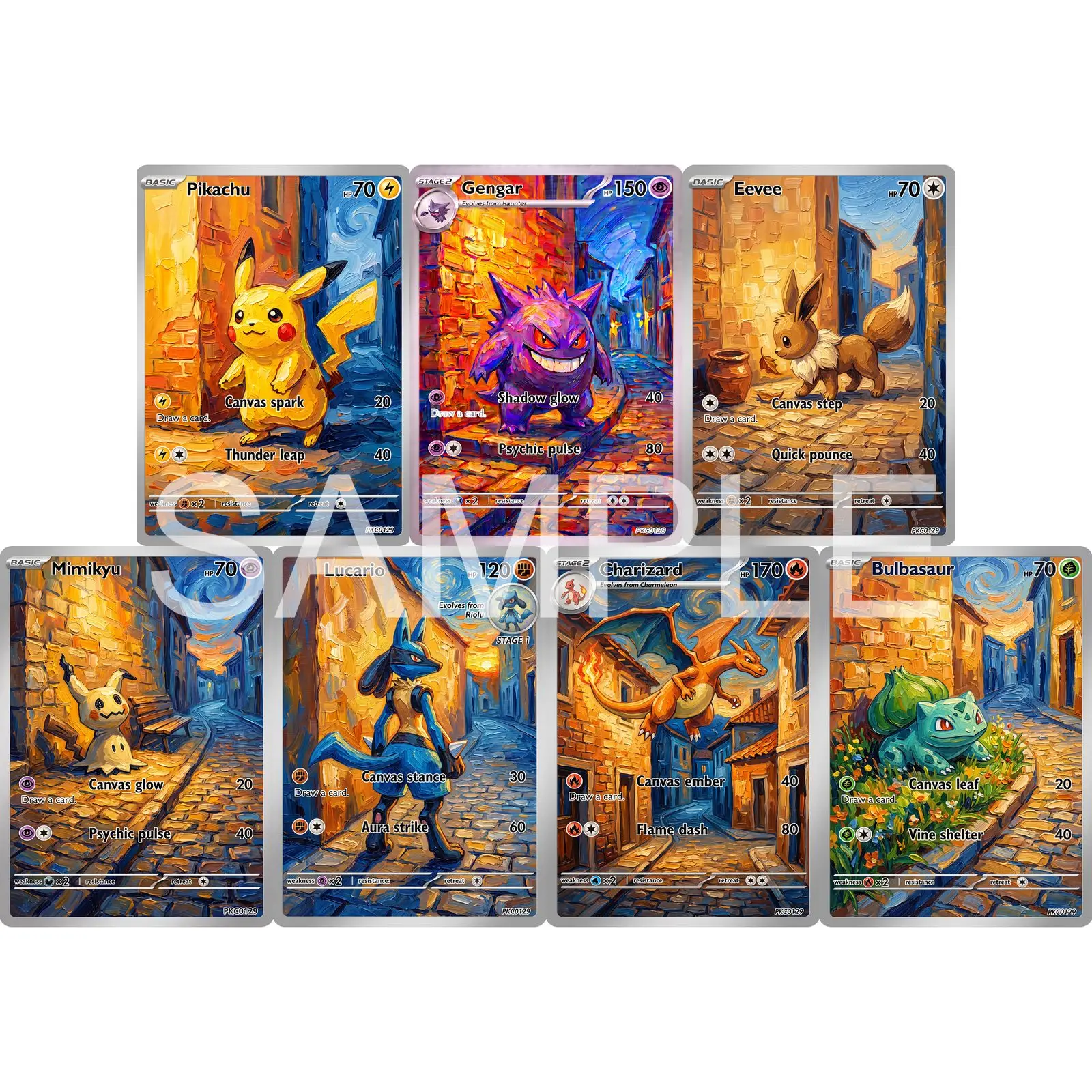 7Pcs PKM Cards PTCG Post Impressionist Oil Painting Style Gengar Eevee Mimikyu Lucario Charizard Bulbasaur Art Set Cards PTCG