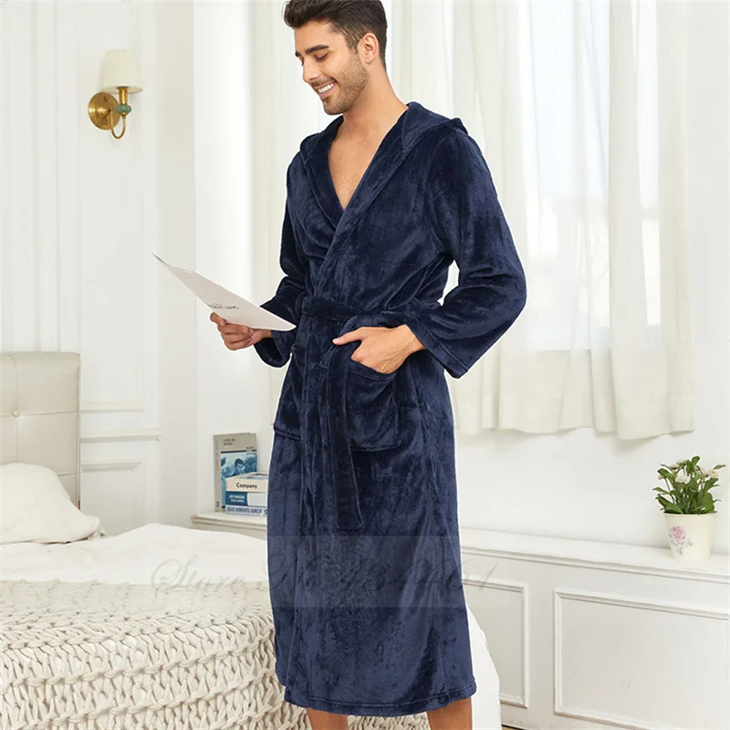 Winter Thicken Flannel Men\'s Long Robe Hooded Kimono Bathrobe Gown Warm Coral Fleece Sleepwear Lounge Wear Loose Home Clothes