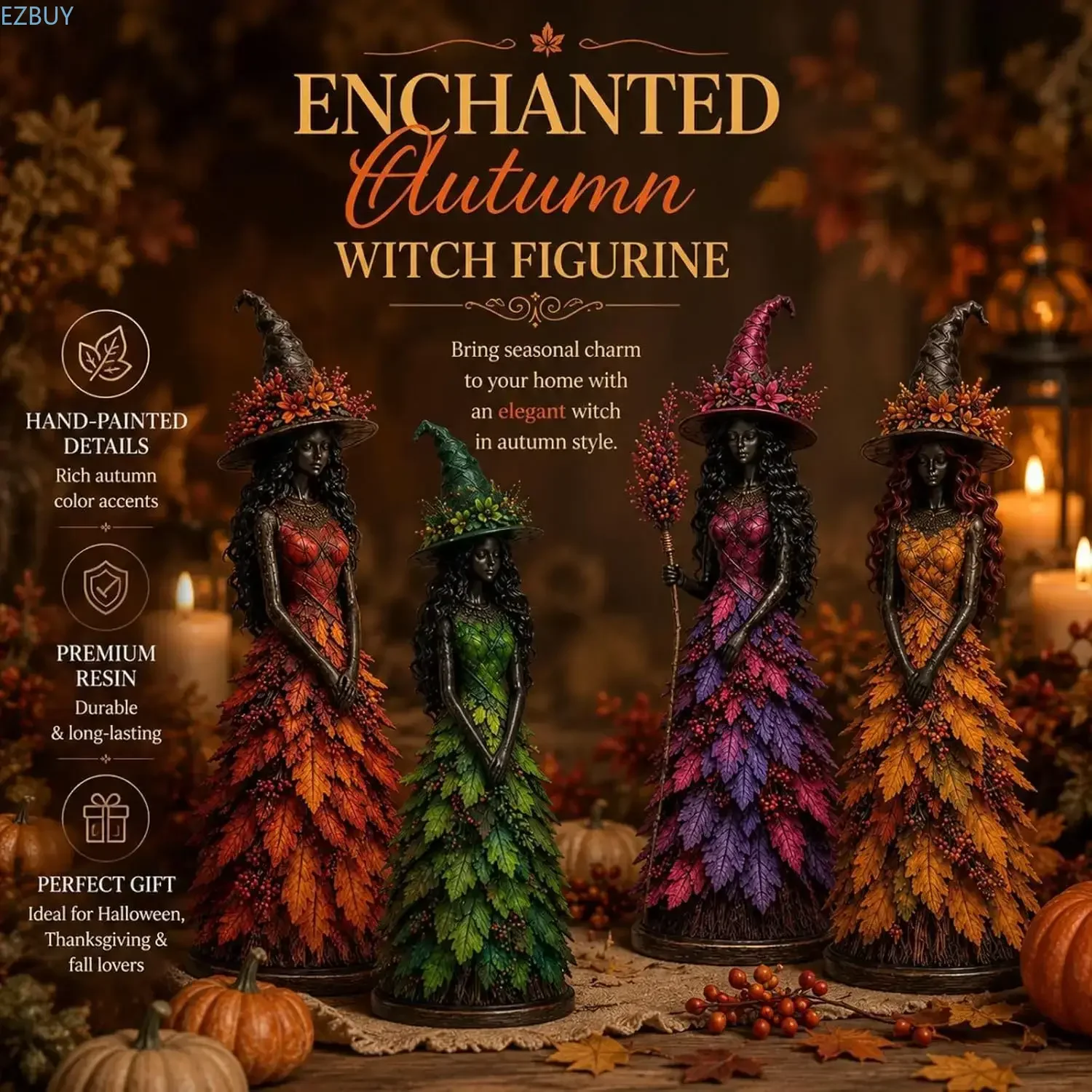 Enchanted Autumn Witch Figurine,Resin Fall Tabletop Statue (Autumn Embers Witch)