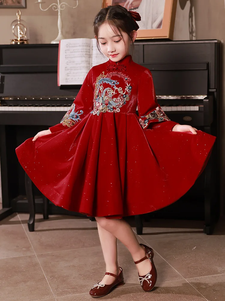 Children\'s Birthday Party Evening Dress Cute Flower Girls Princess Dress Vintage Chinese Kids Embroider Performance Clothing