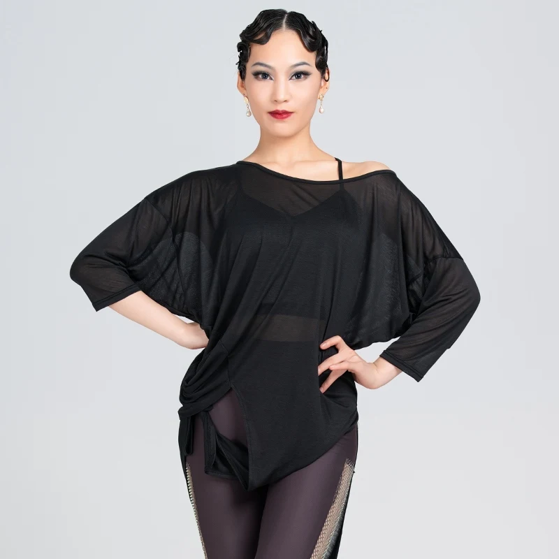 

Adult Women Latin Dance Clothes Black White Loose Irregular Tops Cha Cha Rumba Dancewear Ballroom Tango Training Wear VDB8077