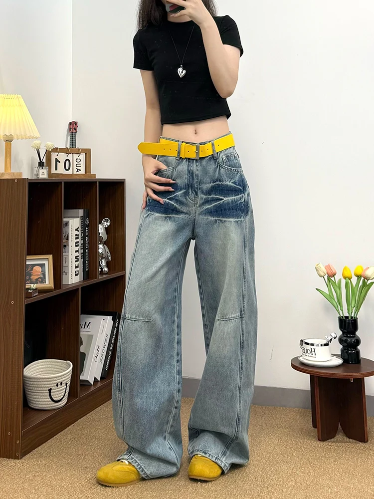 Retro High Waisted Fashionable Casual Street Jeans Women's New Wide Leg Pants Loose Lazy Style Long Pants