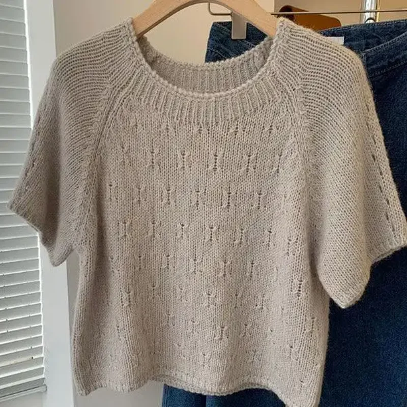 

Летний универсальный корейский стиль, простой повседневный шикарный свитер с короткими рукавами, уникальный вязаный свитер в западном стиле для женщин