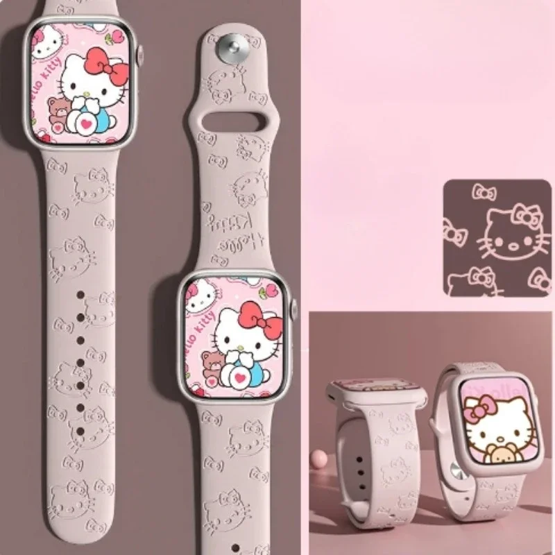 Sanrio Hello Kitty Strap for Apple Watch Band 45mm 44mm 42mm 41mm 38mm 49mm 40mm Silicone Engraved Bracelet Iwatch 8 Ultra 7 Se