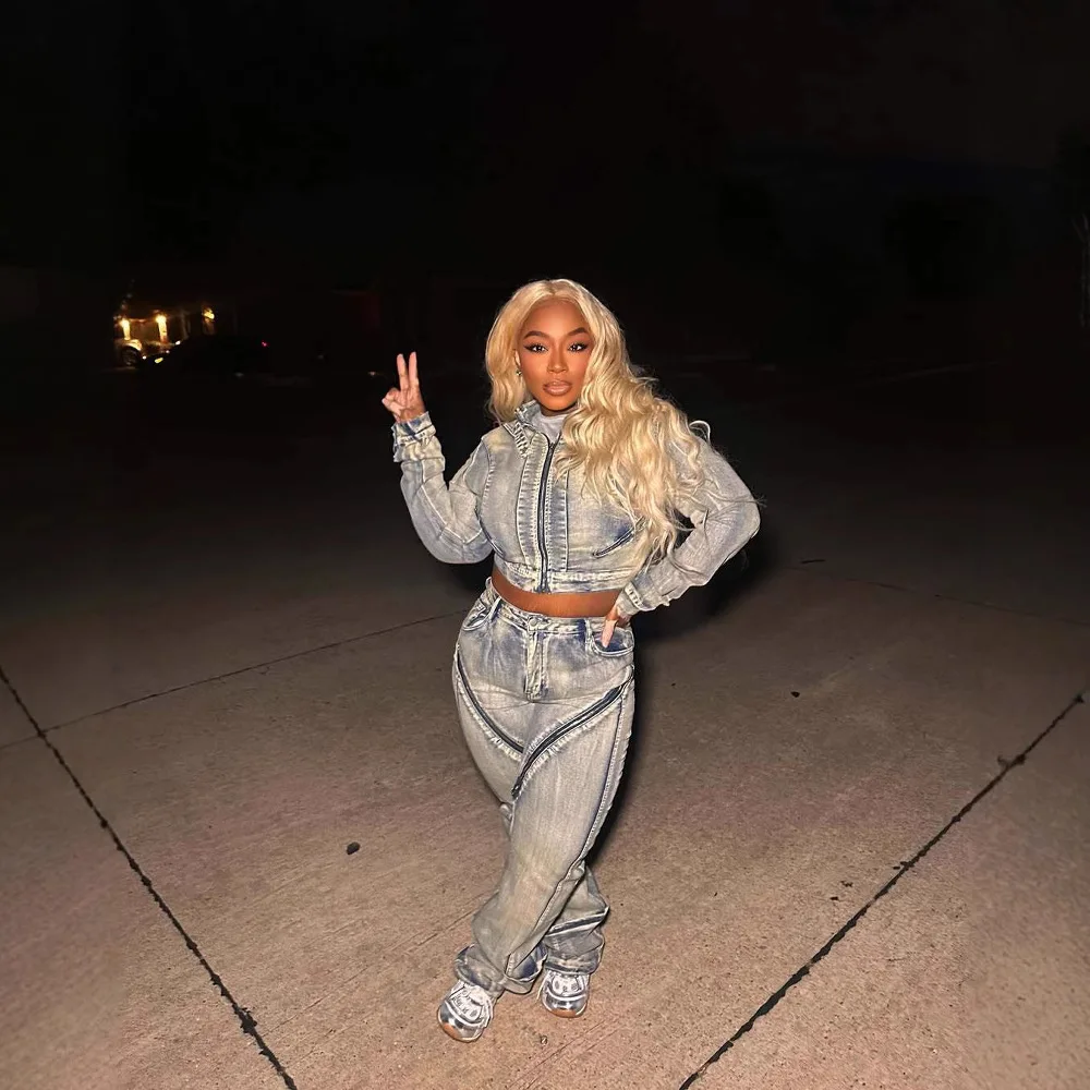 Denim Jacket Suit Women Streetwear 2 Piece Sets Coat Zipper Pockets Straight Jeans Washed Stretch Ensemble 2025 Female Outfits