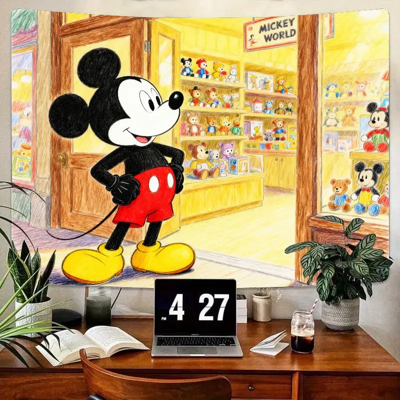 

1 шт., классический гобелен с Микки Маусом Диснея, мультяшный мир Микки, магазин игрушек, настенное искусство, полиэстер, декор для гостиной, спальни, общежития, подарок