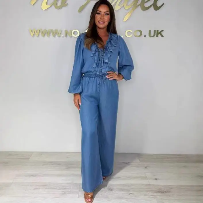 

Ladies Lotus Le Collar Denim Set Faionable Tee-Piece Suit Long Sve Long Pants Commute Sle for Adult Women