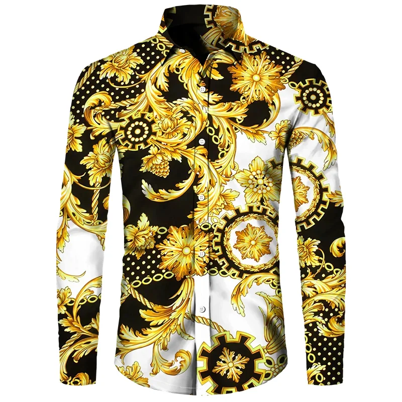 Luxury Golden Flower Chain 3D Printing Men Long Sleeve Shirt Casual Fashion Mens Clothing Streetwear Lapel Button Shirts