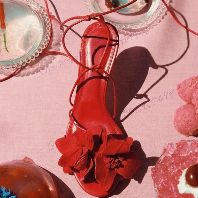 Sandales à lanières de rinçage pour femmes, chaussures Parker ouvertes, talons hauts à châssis aiguille, décor de fleur rouge, chaussures de soirée, 2024