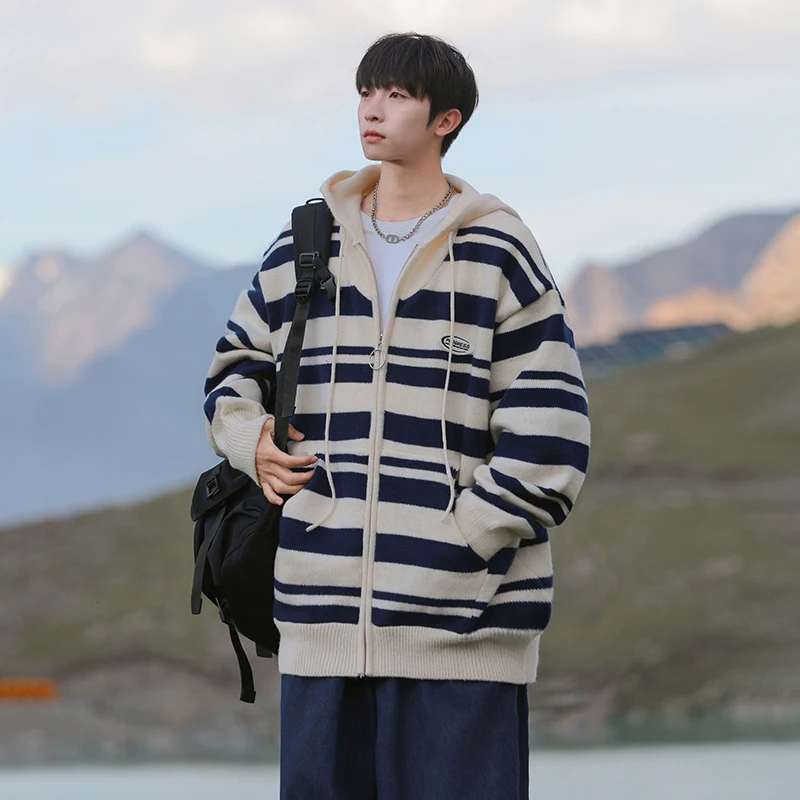 M-XXXL sweater bertudung leher V pria, pakaian jumper ritsleting lengan panjang dengan bergaris kasual ukuran besar