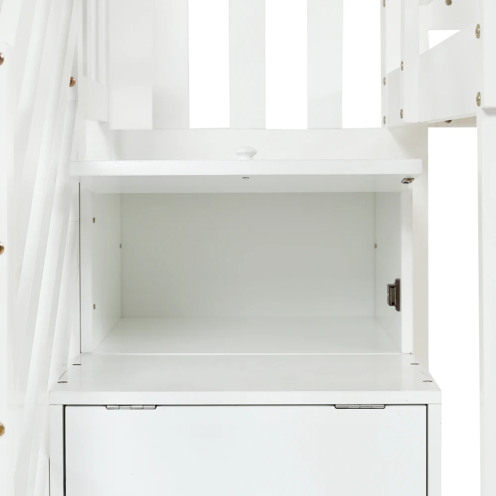 PINGGO Weißgraues Etagenbett 90x200cm mit Dachfenster, Leiter, Fallschirmgitter und 3 Staufächern aus Kiefern-MDF, ohne Matratze – Detail 22