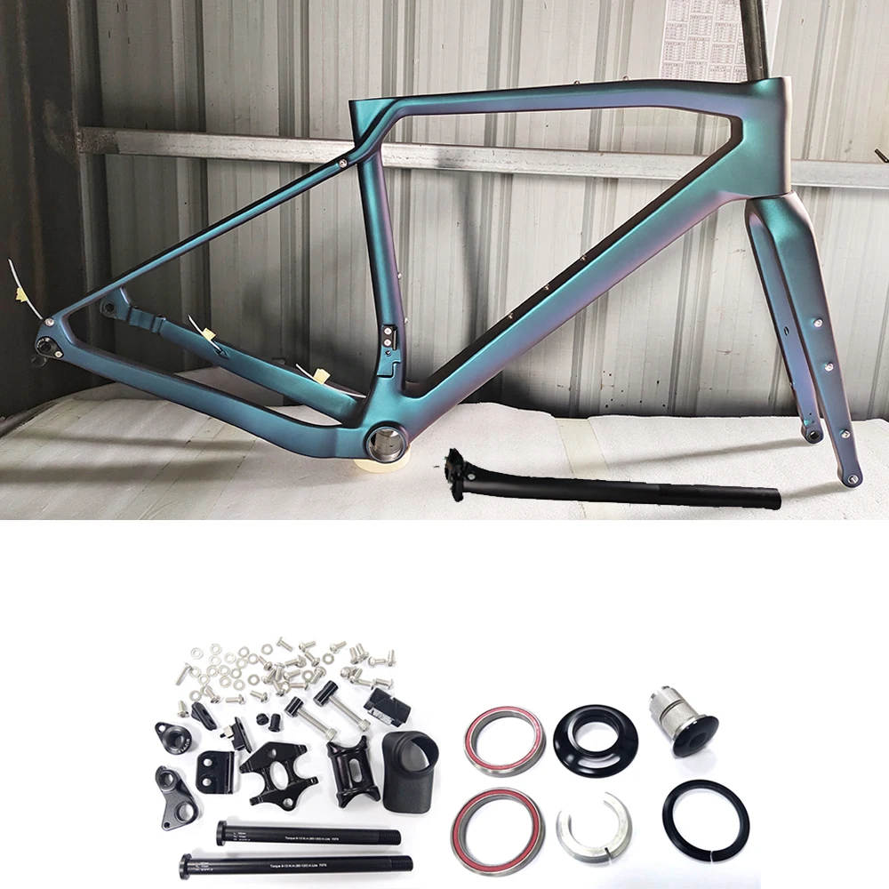 Kameleon Kleur Carbon Racefiets Frame, Volledig Verborgen Kabel, Grind Fietsframe, Schijfrem, 700 * 47c, Cyclocross Frameset