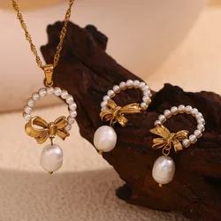 Delicate Fashion Butterfly Bow Knot Necklace Earrings Pendant Simulated Pearl Stainless Steel High-Grade Korean Jewelry Women