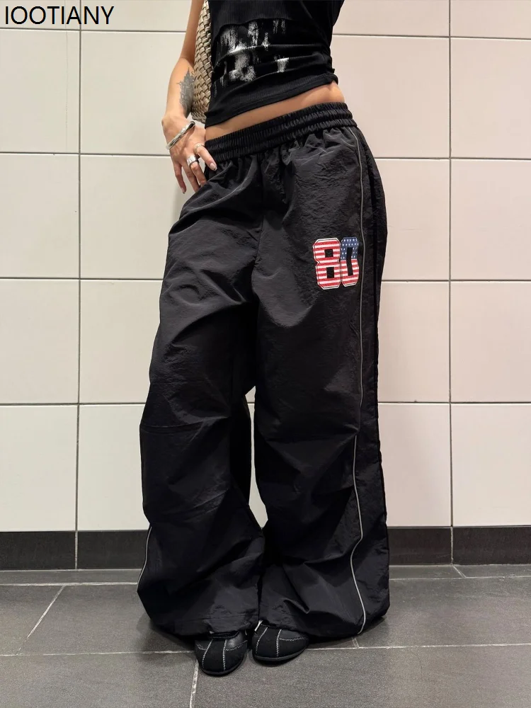 

Vintage Pattern Embroidery Women's Drape Wide-leg Pants Elastic Waist Jogging Parachute Pants Loose Casual Streetwear Trousers